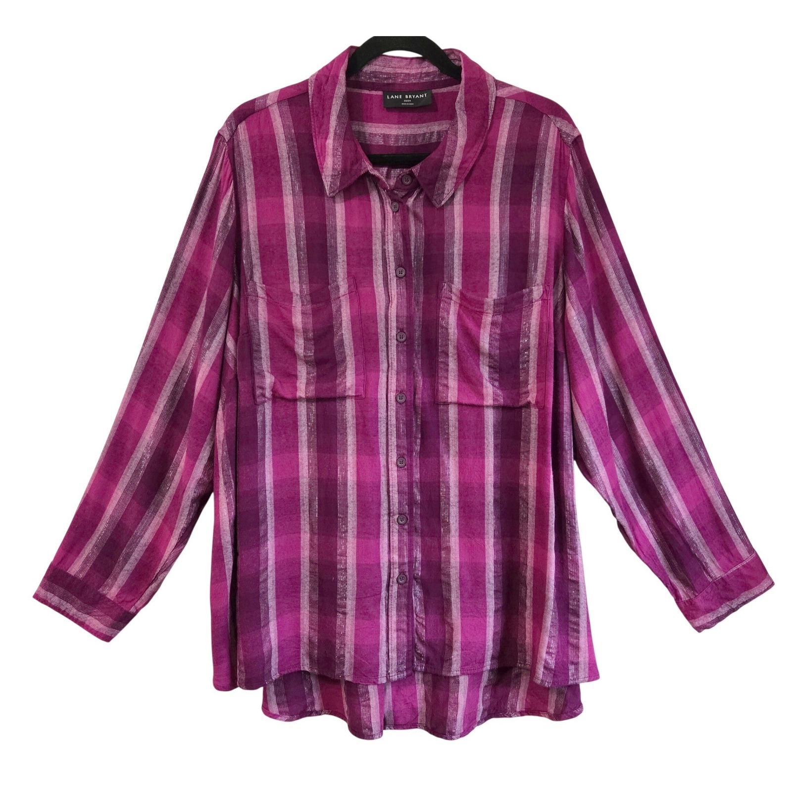 Lane Bryant Boho Prairie Purple Plaid Metallic Shimmer Button Down Shirt 22/24
